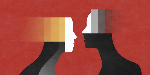 Poster - Abstract illustration of two human profiles with colorful geometric shapes on vibrant red background