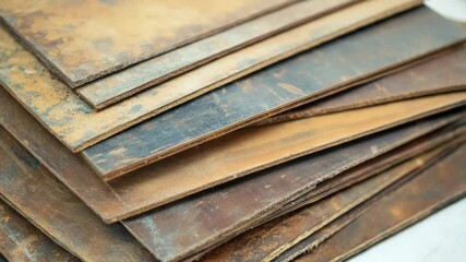 Poster - A pile of metal sheets sits on a table, perfect for industrial or mechanical themed projects.