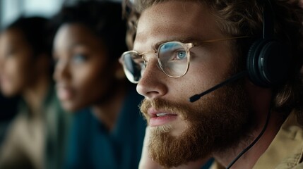 Poster - Team members engaged in a serious discussion while working in a modern office environment