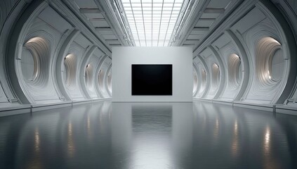 Aufkleber - Sleek, white, futuristic gallery hallway with a large, black, central artwork, reflecting on a polished floor, illuminated by a skylight