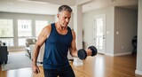 Mature Man Lifting Weights at Home: Bicep Curl Exercise