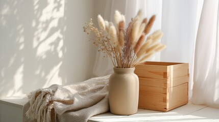 Poster - Soft light highlights dried plants in a neutral-toned vase on a windowsill with a wooden box nearby