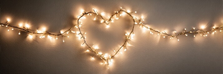Poster - Heart-shaped String of Lights Glowing Softly on a Neutral Wall Creating a Warm and Inviting Atmosphere Ideal for Romantic Settings