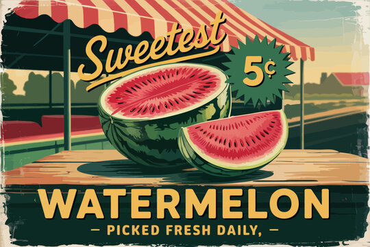 Vintage Watermelon Poster – Retro Produce Ad with Red Flesh, Green Rind, Yellow Script, “5¢” Starburst, Distressed Texture, and Classic Market Style Featuring Awning, Table, and Juicy Slice