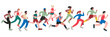 © Tartila - Runners. Cartoon running characters, diverse group of people jogging and sprinting, sport run concept, active workout and fitness Vector athlete characters running marathon