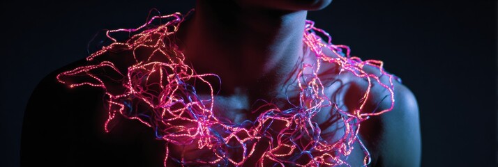 Poster - Shadowy Figure Adorned With Tangled Neon Nerves on Chest in a Dark Environment Conveying a Sense of Mystery and Intrigue at Night
