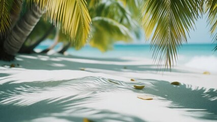 Wall Mural - A palm tree stands tall on a sandy beach, casting a long shadow behind it.