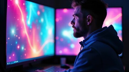 Poster - A person sitting in front of two computer monitors, focused on work.