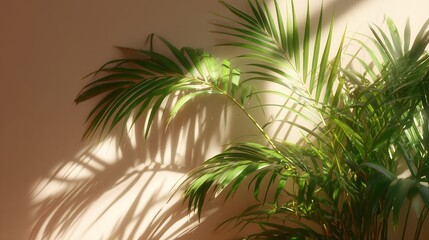 Poster - Warm sunlight illuminates green palm leaves casting intricate shadows on a wall in a cozy indoor space