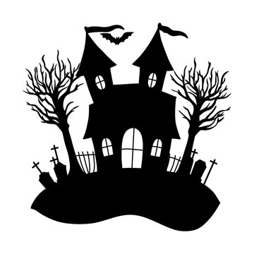 A distinctive black shadow of a haunted house, which has two distinctive towers with flag tops.