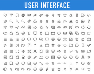 Poster - User Interface ui, ux web icons in line style. User, profile, message, mobile app, document file, social media, button, home, chat, arrow, collection. Vector illustration.