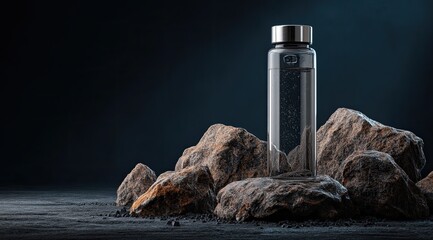 Aufkleber - Sleek glass water bottle rests amidst dark, rough-textured rocks on a dark surface, illuminated by a subtle light source