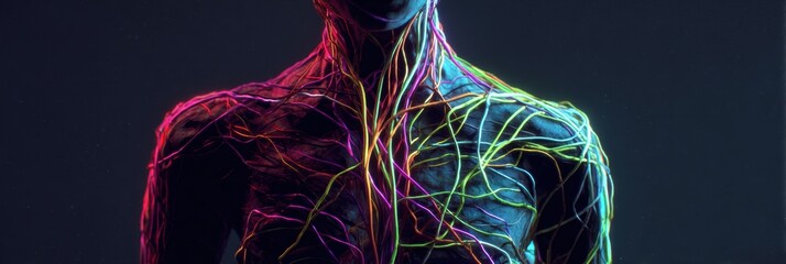 Aufkleber - Shadowy Figure Featuring Tangled Neon Nerves Illuminated in Vibrant Colors Against a Dark Backdrop