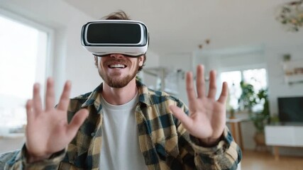 Poster - Immersed in the Digital Realm: A person experiences the wonder of virtual reality in a modern setting, reaching out to touch and interact with the digital environment.