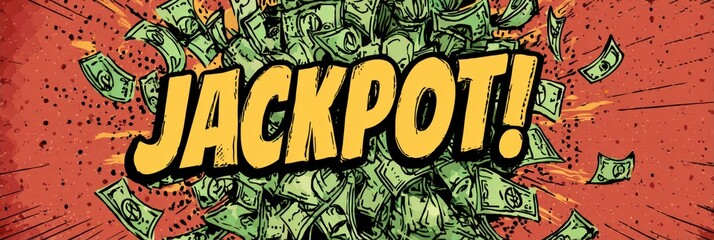 Poster - Bold Pop Art Display Featuring Jackpot Text With a Cascade of Money in a Dynamic Celebration of Luck and Excitement