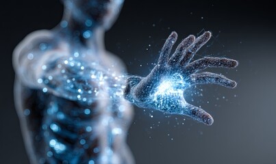 Poster - Human-like figure reaching out with glowing energy in a dark space