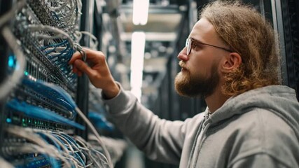Poster - Precision and Dedication in Data Center: A focused technician meticulously works within a cutting-edge data center.