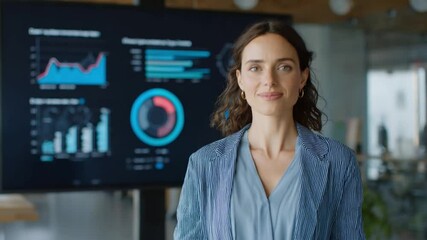 Poster - Confident Presentation: A professional woman stands poised, presenting complex data visualizations on a large screen, signifying competence and a grasp of details. 