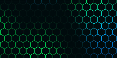 Poster - Dark hexagon abstract technology background with blue and green colored bright flashes under hexagon.