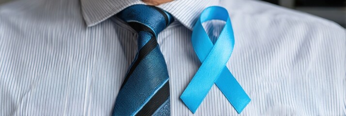 Poster - Signs of Early Prostate Cancer Awareness Campaign Featuring Blue Ribbon Displayed on a Mans Shirt