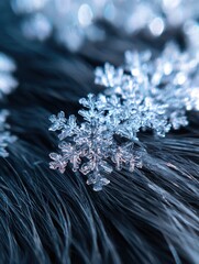 Poster - Close-up of delicate snowflakes resting on dark fur, showcasing intricate ice patterns and textures