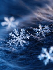 Poster - Close-up of delicate snowflakes resting on soft, blue fur, creating a serene winter atmosphere