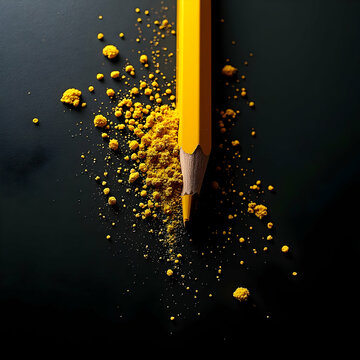 Yellow Pencil with Powder Pigment on Dark Surface Flat Lay