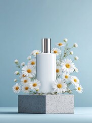 Aufkleber - A minimalist image of a white perfume bottle, adorned with chamomile flowers, displayed on a geometric concrete base against a pale blue backdrop