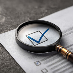 Poster - magnifying glass and check mark icon,show check the authenticity of the document,concept of rules of conduct rules and policies company regulations Terms and Conditions
