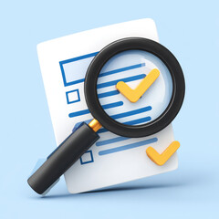 Poster - magnifying glass and check mark icon,show check the authenticity of the document,concept of rules of conduct rules and policies company regulations Terms and Conditions