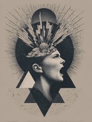 Poster - Stylized Representation of Anxiety With a Head Erupting in Lines From the Temple Showcasing the Intensity of Mental Stress and Turmoil