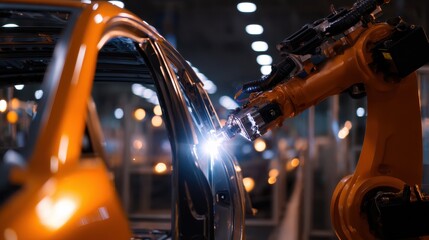 Poster - Robotic arm welding car frame in a modern automotive factory with bright workshop lights