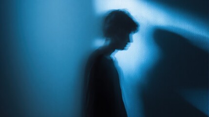 Poster - Shadowy Figure Fading Into a Blue Background in a Mysterious and Atmospheric Setting