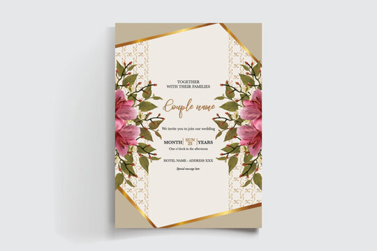 WEDDING INVITATION FRAME WITH FLOWER DECORATIONS AND FRESH LEAVES
