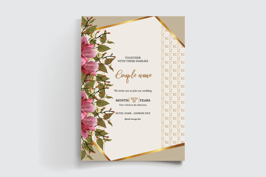 WEDDING INVITATION FRAME WITH FLOWER DECORATIONS AND FRESH LEAVES