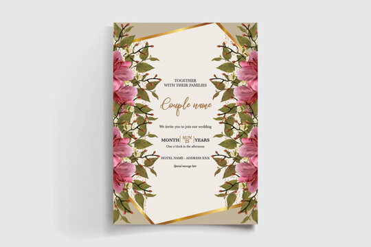 WEDDING INVITATION FRAME WITH FLOWER DECORATIONS AND FRESH LEAVES