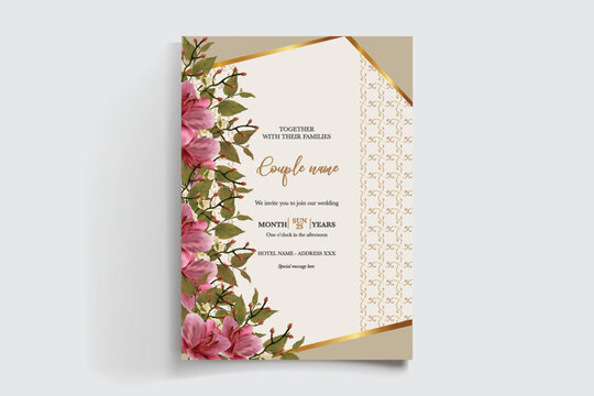 WEDDING INVITATION FRAME WITH FLOWER DECORATIONS AND FRESH LEAVES