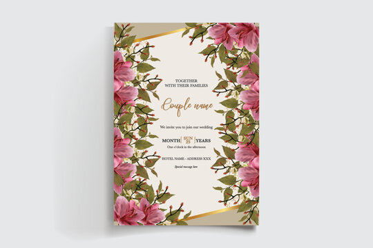 WEDDING INVITATION FRAME WITH FLOWER DECORATIONS AND FRESH LEAVES