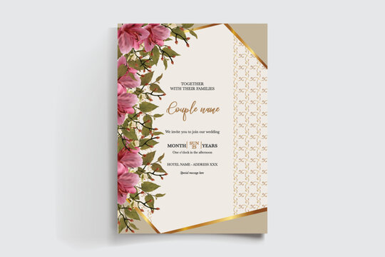 WEDDING INVITATION FRAME WITH FLOWER DECORATIONS AND FRESH LEAVES