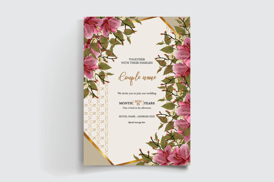 WEDDING INVITATION FRAME WITH FLOWER DECORATIONS AND FRESH LEAVES
