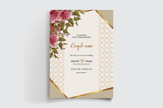 WEDDING INVITATION FRAME WITH FLOWER DECORATIONS AND FRESH LEAVES
