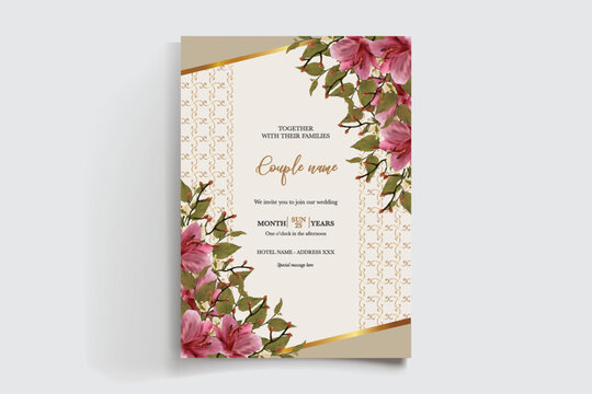 WEDDING INVITATION FRAME WITH FLOWER DECORATIONS AND FRESH LEAVES