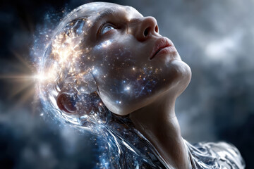 Poster - Futuristic humanoid figure gazing upwards in a galaxy-inspired environment
