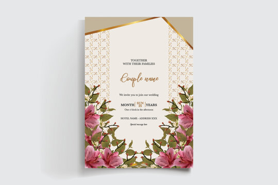 WEDDING INVITATION FRAME WITH FLOWER DECORATIONS AND FRESH LEAVES