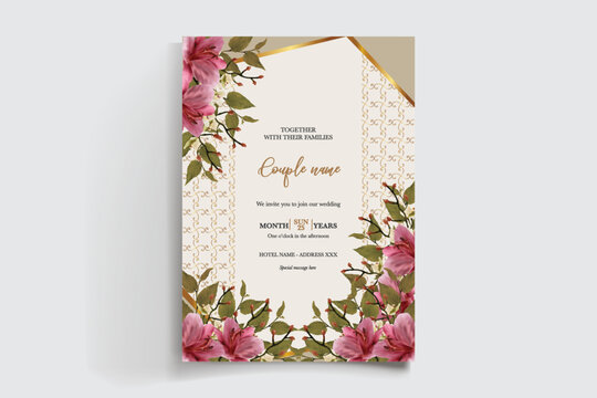 WEDDING INVITATION FRAME WITH FLOWER DECORATIONS AND FRESH LEAVES