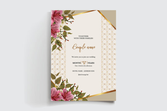 WEDDING INVITATION FRAME WITH FLOWER DECORATIONS AND FRESH LEAVES