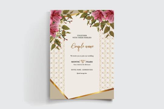 WEDDING INVITATION FRAME WITH FLOWER DECORATIONS AND FRESH LEAVES