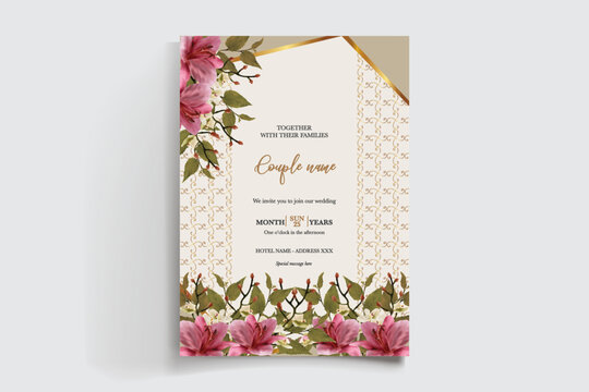 WEDDING INVITATION FRAME WITH FLOWER DECORATIONS AND FRESH LEAVES