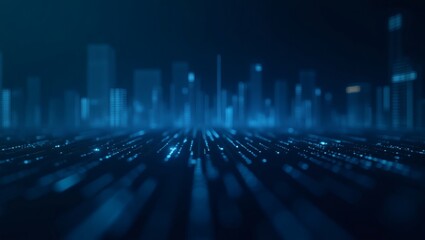 Aufkleber - abstract city skyline with digital data streams representing a technological and futuristic world. The cityscape glows with vibrant neon blue hues