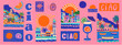 © ink drop - Summer vector set of european mediterranean summer scenes. Hand drawn style holiday backgrounds